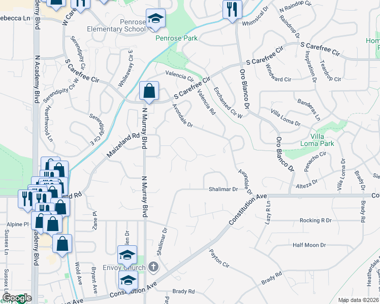 map of restaurants, bars, coffee shops, grocery stores, and more near 4460 Whispering Circle North in Colorado Springs
