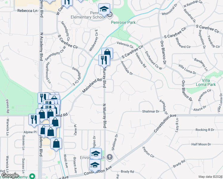 map of restaurants, bars, coffee shops, grocery stores, and more near 4345 South Whispering Circle in Colorado Springs