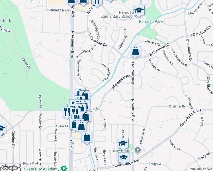 map of restaurants, bars, coffee shops, grocery stores, and more near 2715 Serendipity Circle East in Colorado Springs