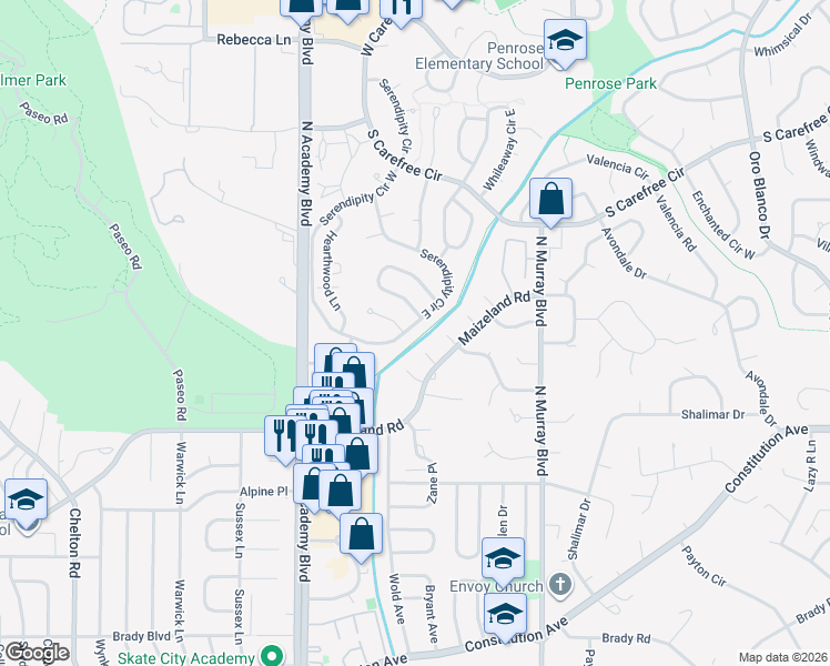 map of restaurants, bars, coffee shops, grocery stores, and more near 2715 Serendipity Circle East in Colorado Springs