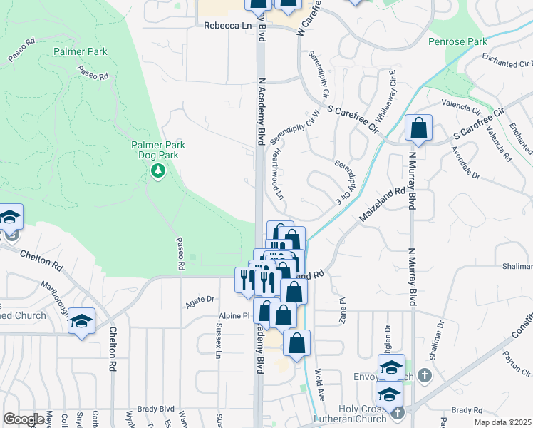 map of restaurants, bars, coffee shops, grocery stores, and more near 2618 Serendipity Circle West in Colorado Springs