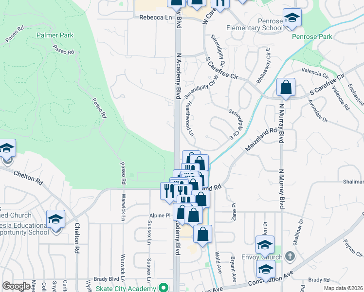 map of restaurants, bars, coffee shops, grocery stores, and more near 2618 Serendipity Circle West in Colorado Springs