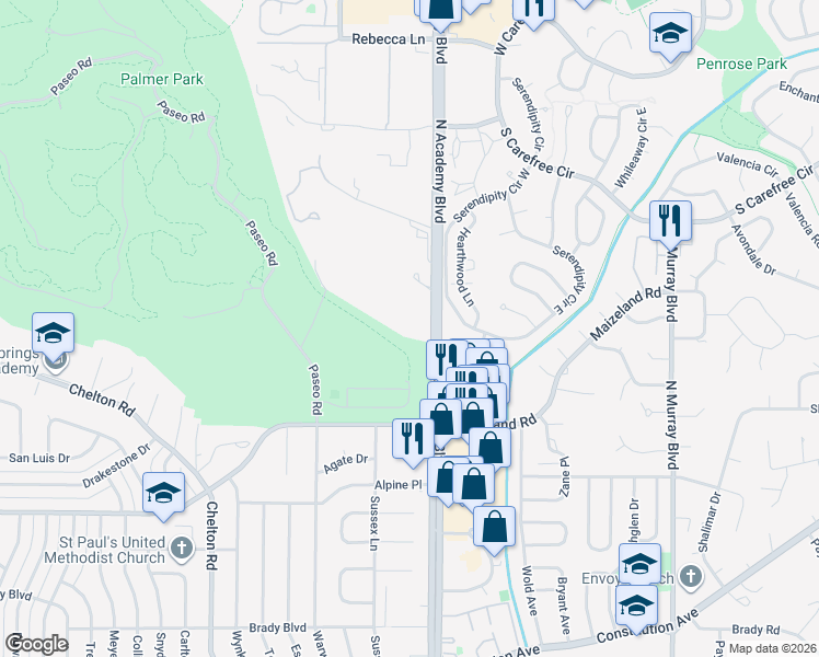 map of restaurants, bars, coffee shops, grocery stores, and more near 2760 North Academy Boulevard in Colorado Springs
