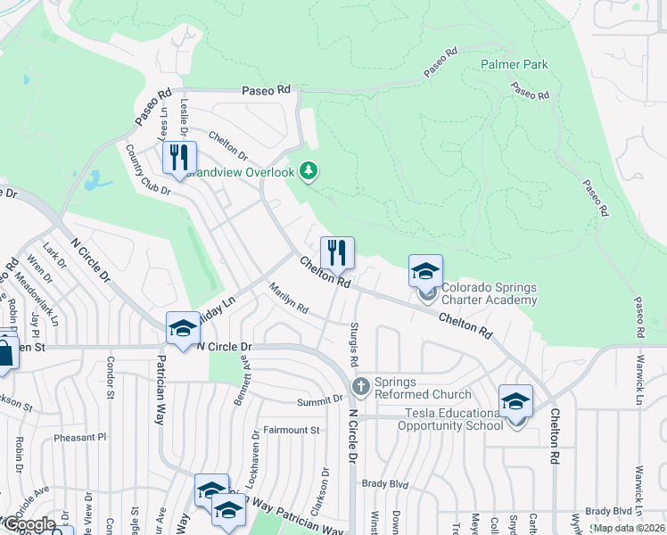 map of restaurants, bars, coffee shops, grocery stores, and more near 2707 North Chelton Road in Colorado Springs