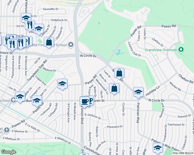 map of restaurants, bars, coffee shops, grocery stores, and more near 2750 Wren Drive in Colorado Springs