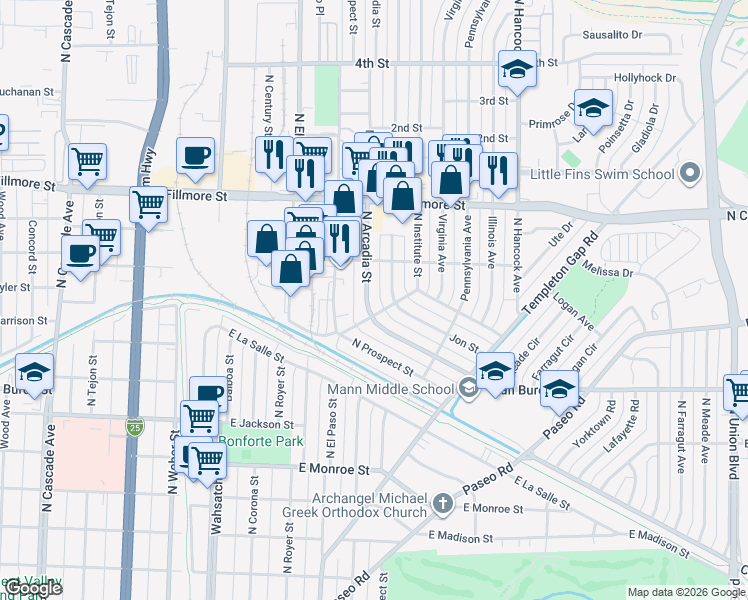 map of restaurants, bars, coffee shops, grocery stores, and more near 2819 North Arcadia Street in Colorado Springs