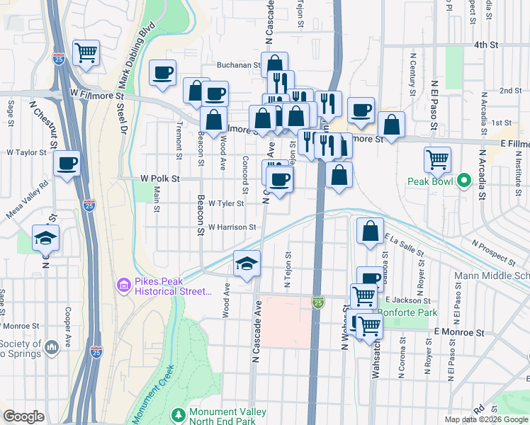 map of restaurants, bars, coffee shops, grocery stores, and more near 2727 North Cascade Avenue in Colorado Springs