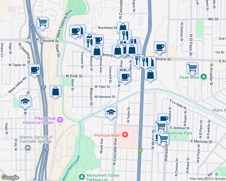 map of restaurants, bars, coffee shops, grocery stores, and more near 103 West Tyler Street in Colorado Springs