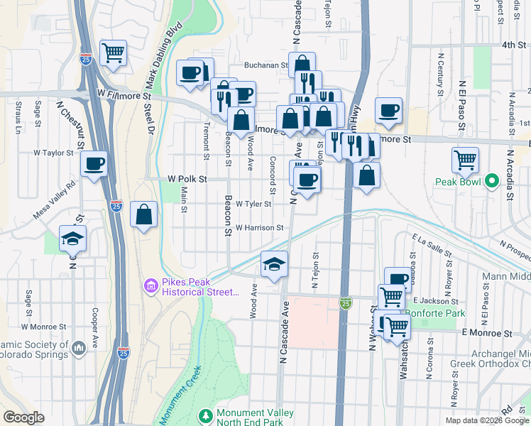 map of restaurants, bars, coffee shops, grocery stores, and more near 103 West Tyler Street in Colorado Springs