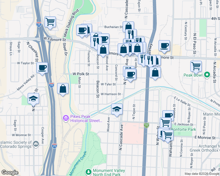 map of restaurants, bars, coffee shops, grocery stores, and more near 103 West Tyler Street in Colorado Springs
