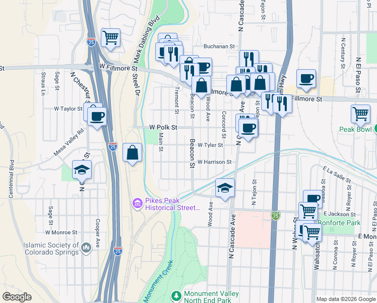 map of restaurants, bars, coffee shops, grocery stores, and more near 2628 Beacon Street in Colorado Springs
