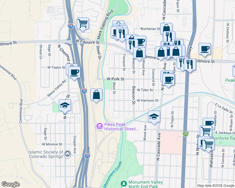 map of restaurants, bars, coffee shops, grocery stores, and more near 413 West Tyler Street in Colorado Springs