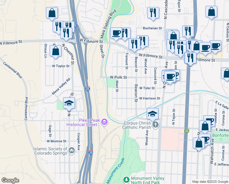 map of restaurants, bars, coffee shops, grocery stores, and more near 515 West Tyler Street in Colorado Springs