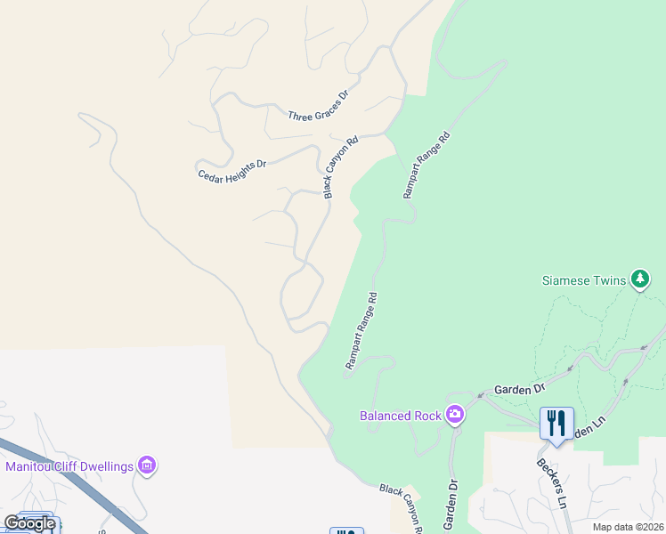 map of restaurants, bars, coffee shops, grocery stores, and more near 2615 Black Canyon Road in Colorado Springs
