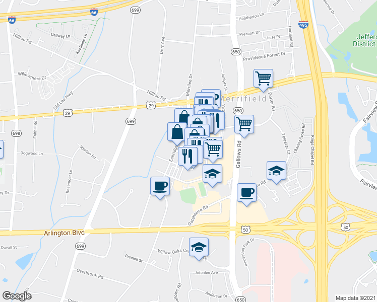 map of restaurants, bars, coffee shops, grocery stores, and more near 8319 Looking Glass Way in Fairfax