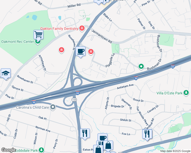 map of restaurants, bars, coffee shops, grocery stores, and more near 3218 White Flint Court in Oakton