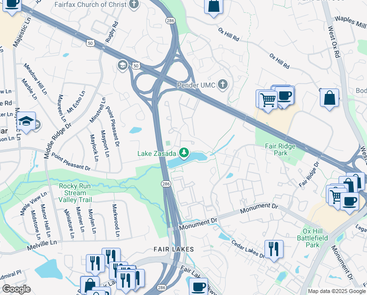 map of restaurants, bars, coffee shops, grocery stores, and more near 12529 North Lake Court in Fairfax