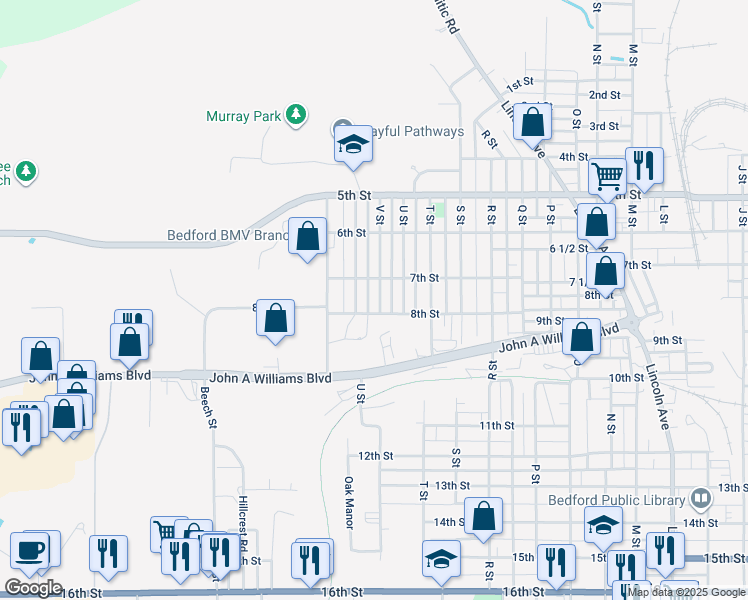 map of restaurants, bars, coffee shops, grocery stores, and more near 714 W Street in Bedford