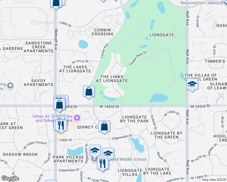 map of restaurants, bars, coffee shops, grocery stores, and more near 14117 Dearborn Street in Overland Park