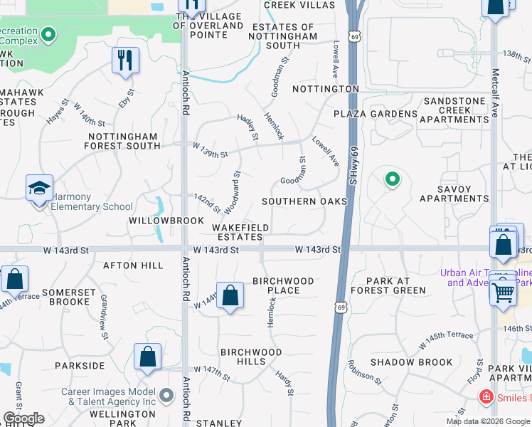 map of restaurants, bars, coffee shops, grocery stores, and more near 14200 Goodman Street in Overland Park