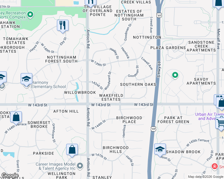 map of restaurants, bars, coffee shops, grocery stores, and more near 14120 Hadley Street in Overland Park