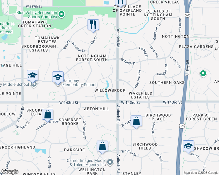 map of restaurants, bars, coffee shops, grocery stores, and more near 14208 Slater Street in Overland Park