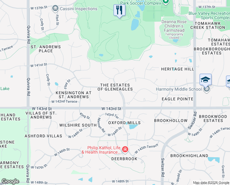 map of restaurants, bars, coffee shops, grocery stores, and more near 10901 West 141st Street in Overland Park