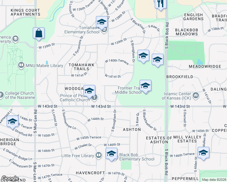 map of restaurants, bars, coffee shops, grocery stores, and more near 15751 West 141st Terrace in Olathe