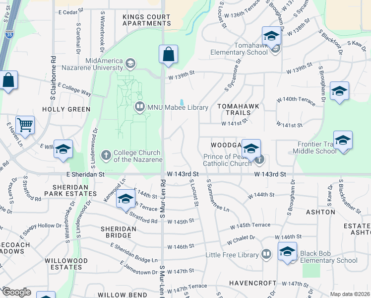 map of restaurants, bars, coffee shops, grocery stores, and more near 14129 South Locust Street in Olathe