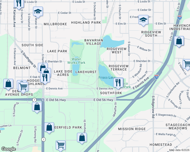 map of restaurants, bars, coffee shops, grocery stores, and more near 647 East El Monte Court in Olathe