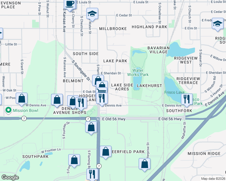 map of restaurants, bars, coffee shops, grocery stores, and more near 508 East Oak Street in Olathe