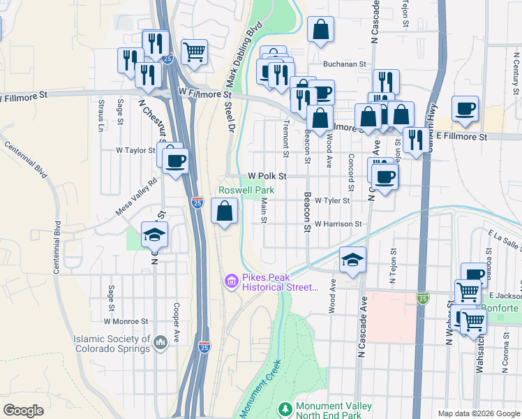 map of restaurants, bars, coffee shops, grocery stores, and more near 515 West Tyler Street in Colorado Springs