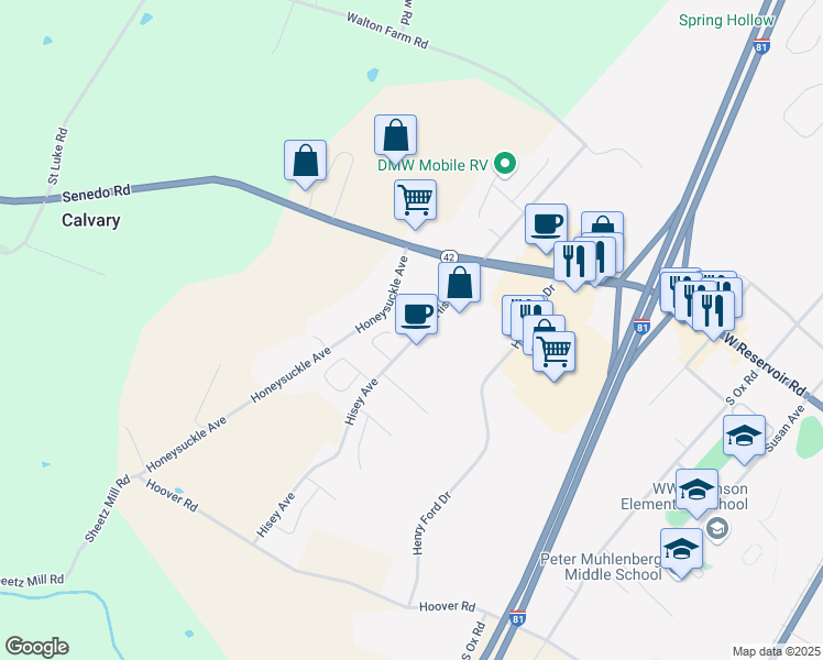 map of restaurants, bars, coffee shops, grocery stores, and more near 1168 Hisey Avenue in Woodstock