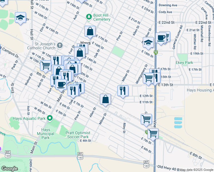 map of restaurants, bars, coffee shops, grocery stores, and more near 399 E 12th St in Hays
