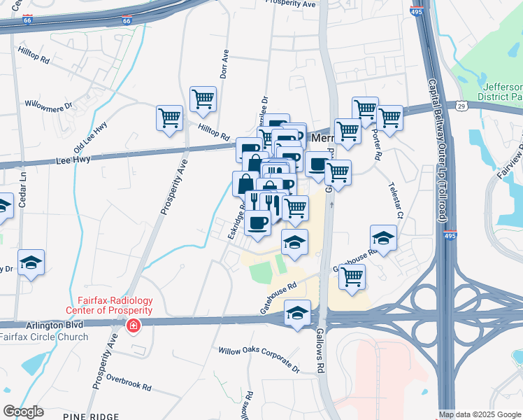 map of restaurants, bars, coffee shops, grocery stores, and more near 8319 Looking Glass Way in Fairfax