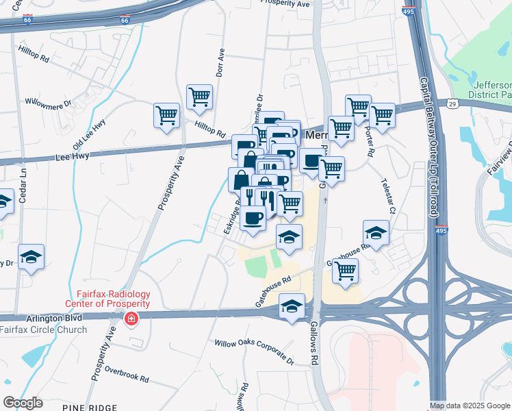 map of restaurants, bars, coffee shops, grocery stores, and more near 8321 Looking Glass Way in Fairfax