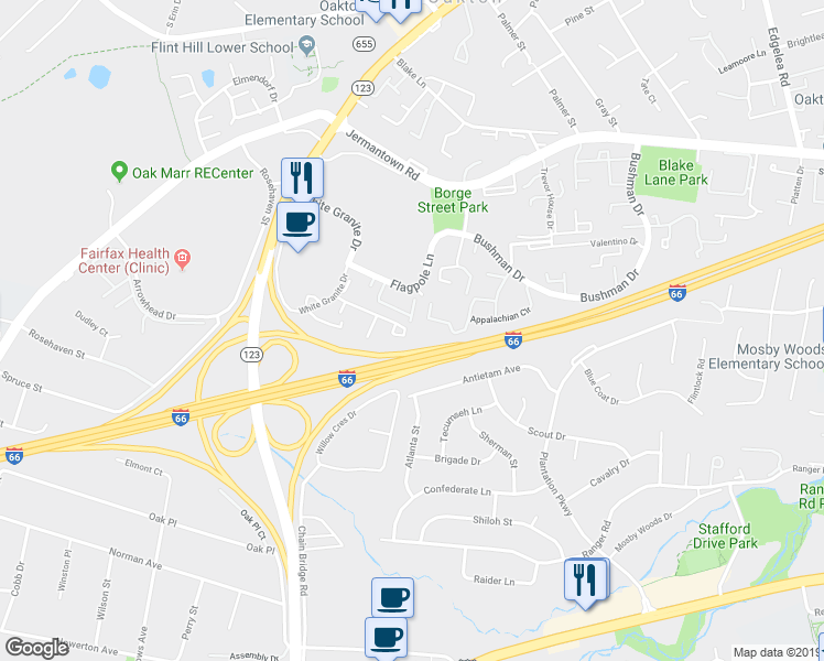 map of restaurants, bars, coffee shops, grocery stores, and more near 10301 Emerald Rock Drive in Oakton