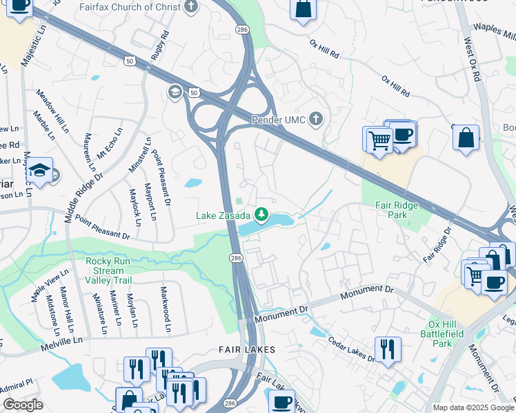 map of restaurants, bars, coffee shops, grocery stores, and more near 12529 North Lake Court in Fairfax