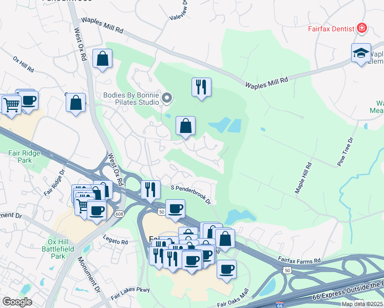 map of restaurants, bars, coffee shops, grocery stores, and more near 3815 Parkland Drive in Fairfax