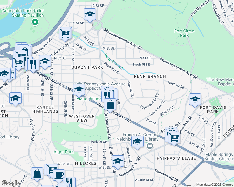 map of restaurants, bars, coffee shops, grocery stores, and more near 3236 O Street Southeast in Washington