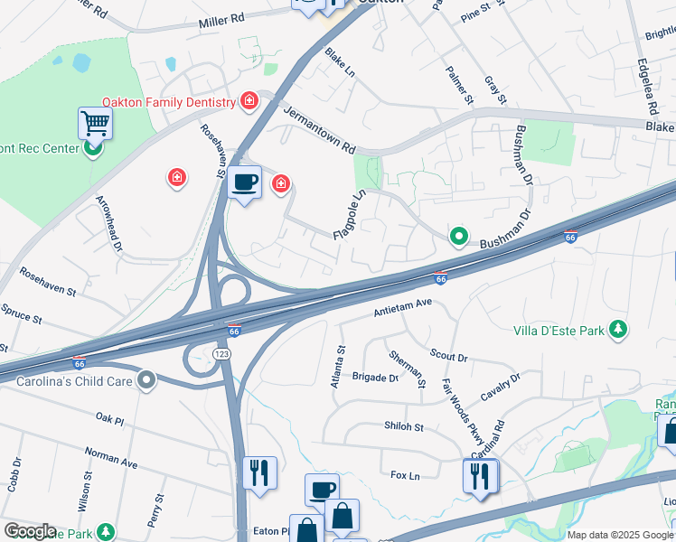 map of restaurants, bars, coffee shops, grocery stores, and more near 10301 Emerald Rock Drive in Oakton