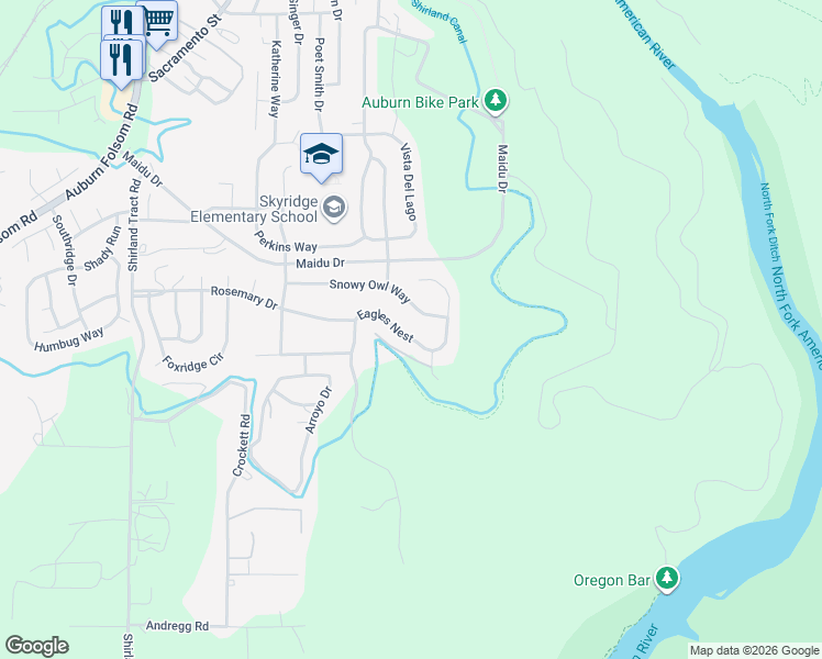 map of restaurants, bars, coffee shops, grocery stores, and more near 4090 Eagles Nest in Auburn