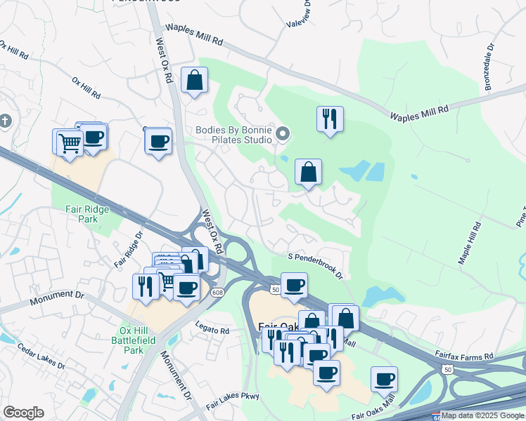 map of restaurants, bars, coffee shops, grocery stores, and more near 12008 Ridge Knoll Drive in Fairfax