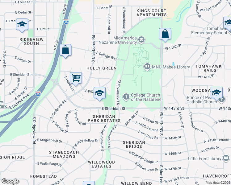 map of restaurants, bars, coffee shops, grocery stores, and more near 817 South Medford Circle in Olathe