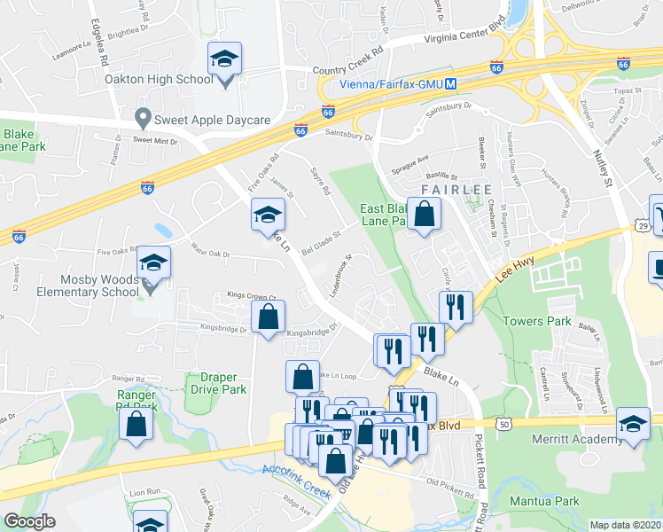 map of restaurants, bars, coffee shops, grocery stores, and more near 9648 Lindenbrook Street in Fairfax