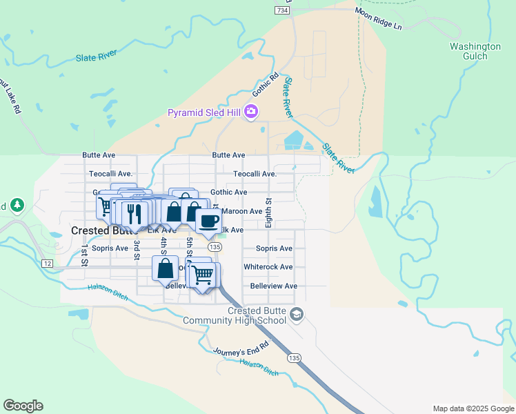 map of restaurants, bars, coffee shops, grocery stores, and more near 721 Maroon Avenue in Crested Butte