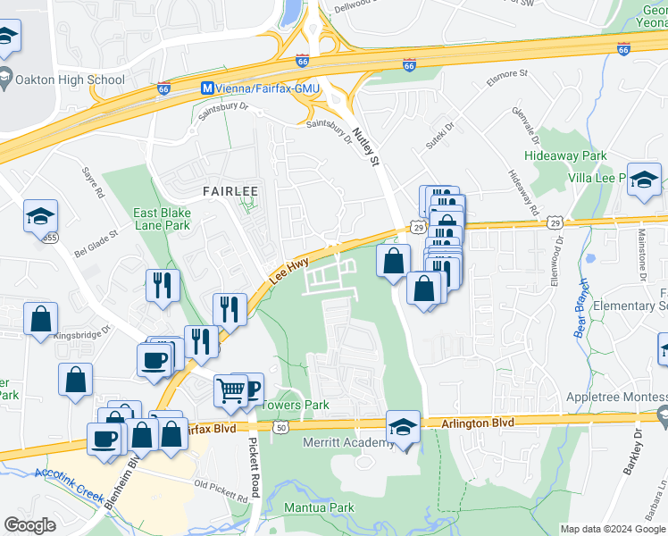 map of restaurants, bars, coffee shops, grocery stores, and more near 3144 Goldenwave Court in Fairfax