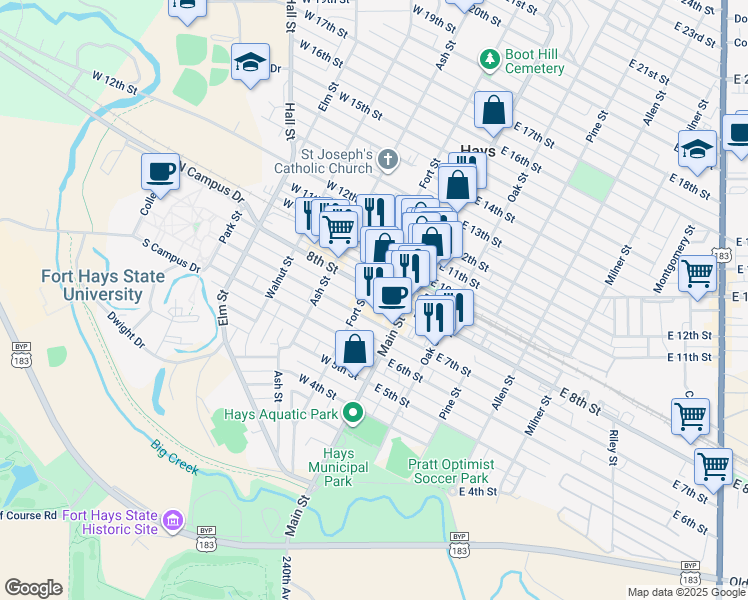 map of restaurants, bars, coffee shops, grocery stores, and more near 706 Fort Street in Hays