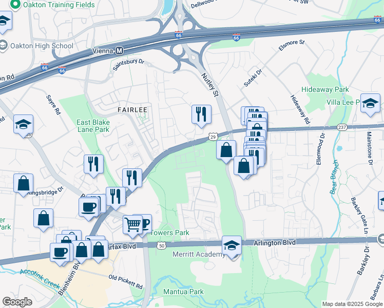 map of restaurants, bars, coffee shops, grocery stores, and more near 3144 Goldenwave Court in Fairfax
