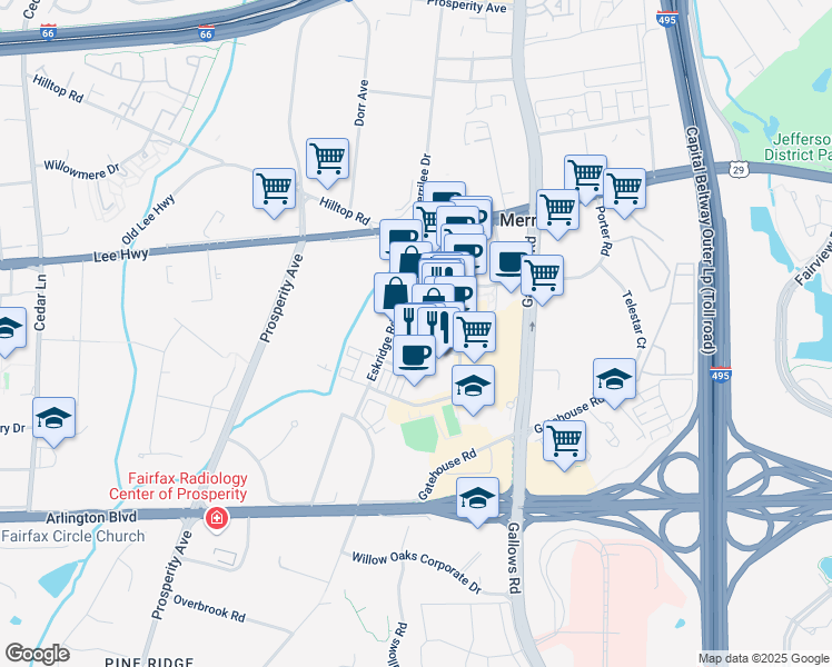 map of restaurants, bars, coffee shops, grocery stores, and more near 8325 Looking Glass Way in Fairfax